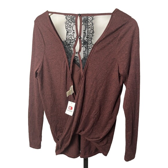 Daytrip Buckle XS Brown Top Black Lace Button-Up Back Twist‎ Hem Long Sleeve NWT - Picture 1 of 4